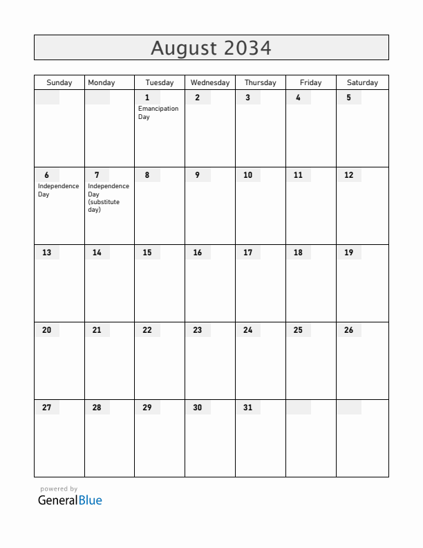 Jamaica August 2034 Calendar with Holidays