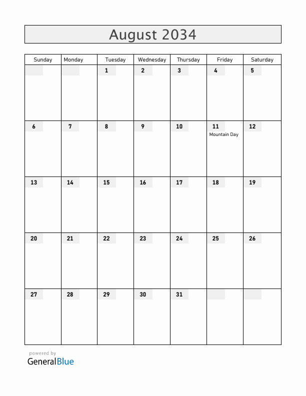 Japan August 2034 Calendar with Holidays