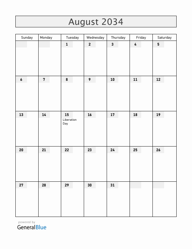 South Korea August 2034 Calendar with Holidays