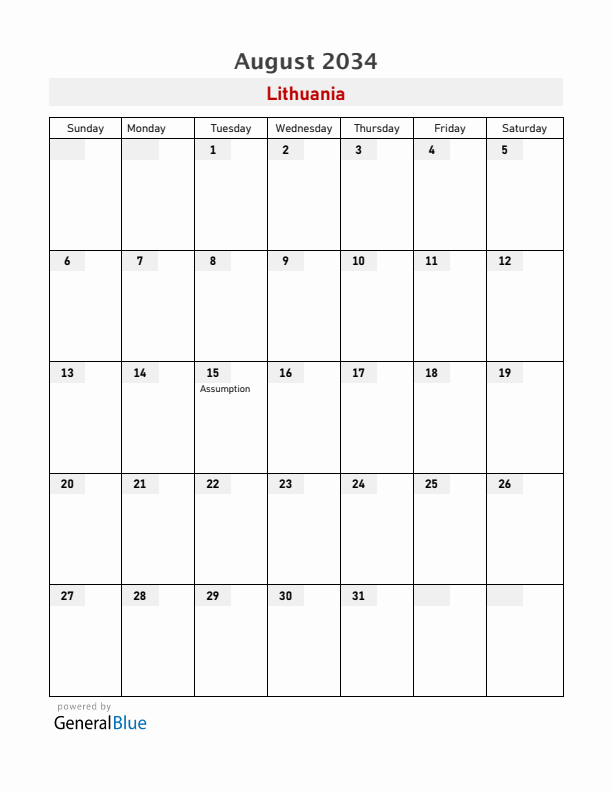 Lithuania August 2034 Calendar with Holidays
