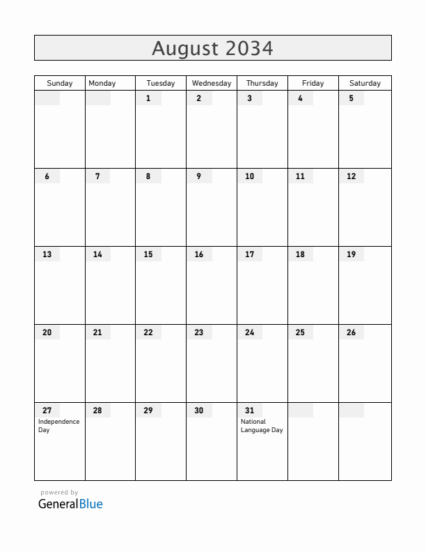 Moldova August 2034 Calendar with Holidays