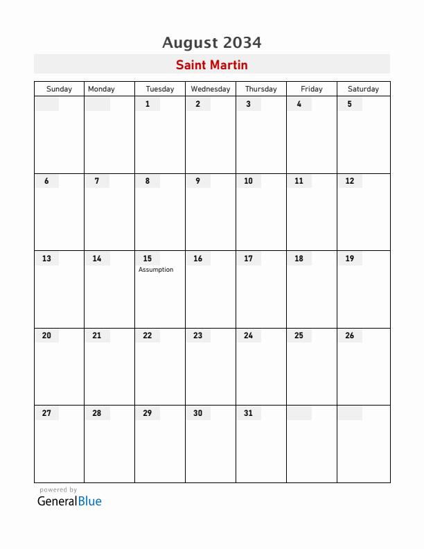 Saint Martin August 2034 Calendar with Holidays