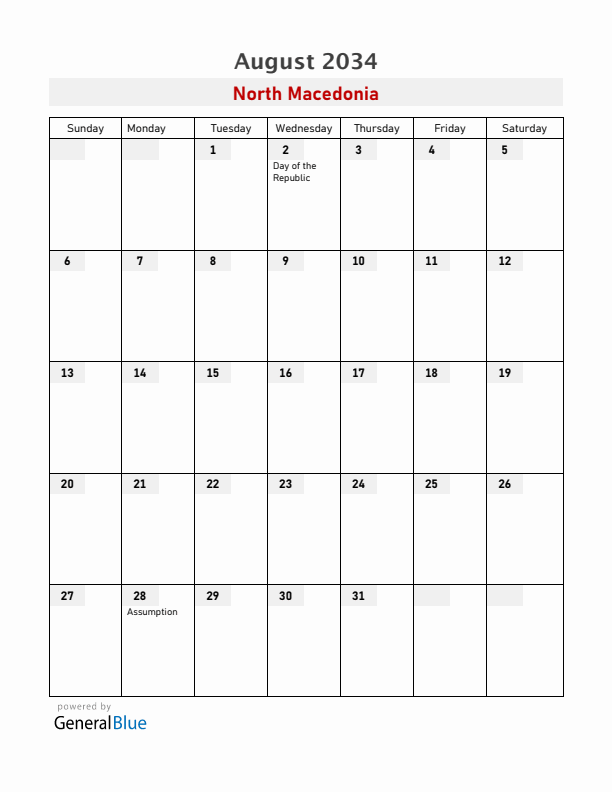North Macedonia August 2034 Calendar with Holidays