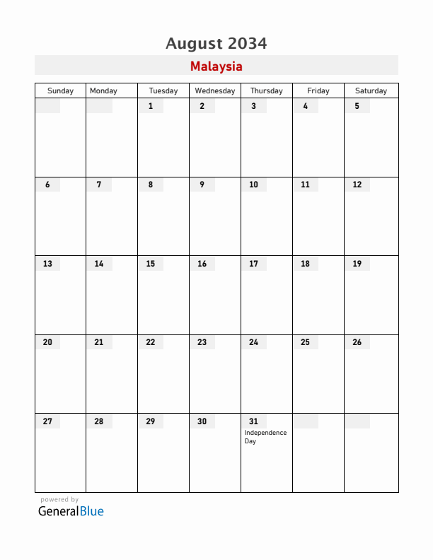 Malaysia August 2034 Calendar with Holidays