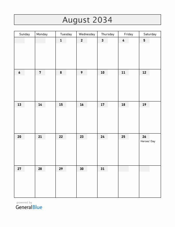 Namibia August 2034 Calendar with Holidays