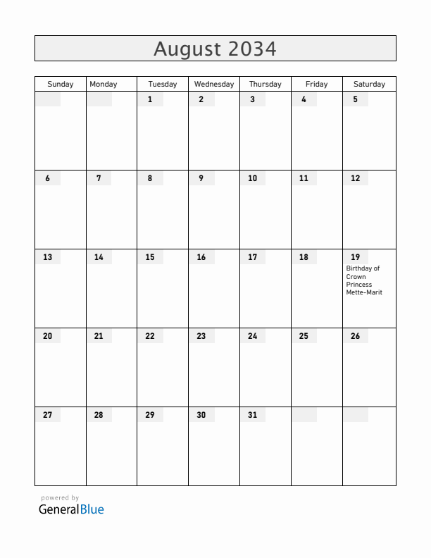 Norway August 2034 Calendar with Holidays
