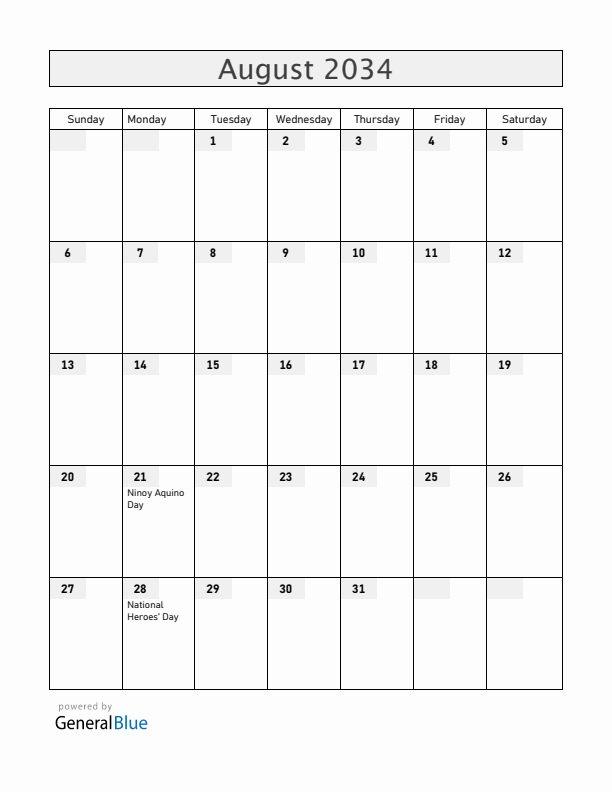 Philippines August 2034 Calendar with Holidays
