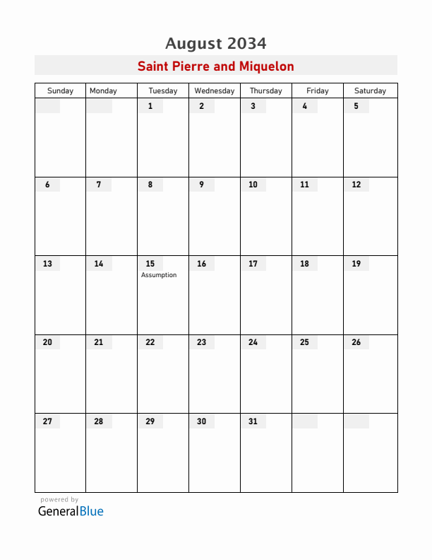 Saint Pierre and Miquelon August 2034 Calendar with Holidays