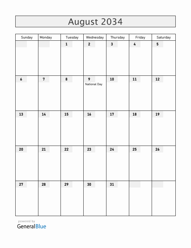 Singapore August 2034 Calendar with Holidays
