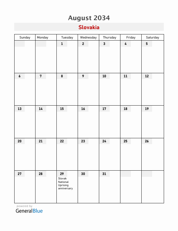 Slovakia August 2034 Calendar with Holidays