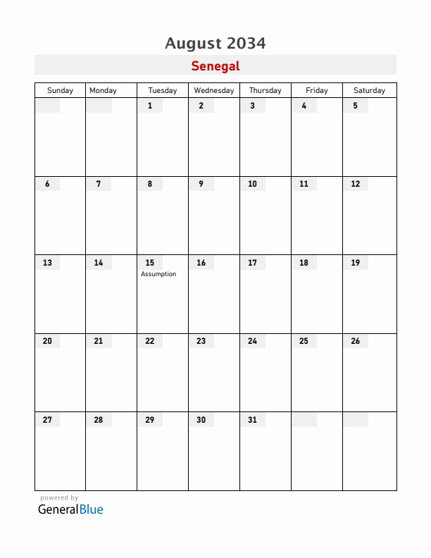 Senegal August 2034 Calendar with Holidays