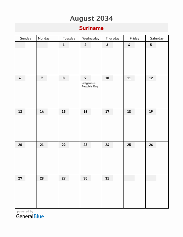 Suriname August 2034 Calendar with Holidays