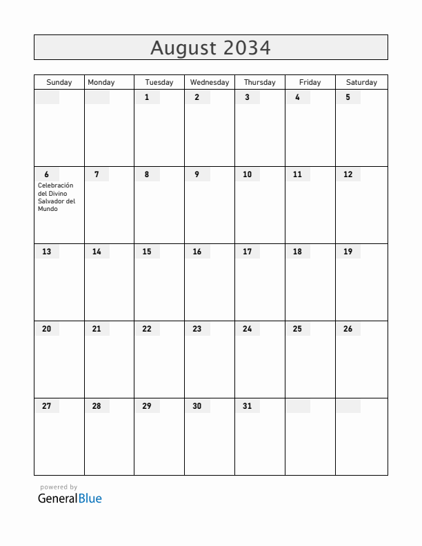 El Salvador August 2034 Calendar with Holidays