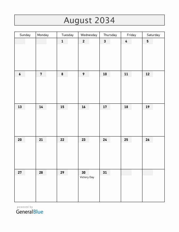 Turkey August 2034 Calendar with Holidays
