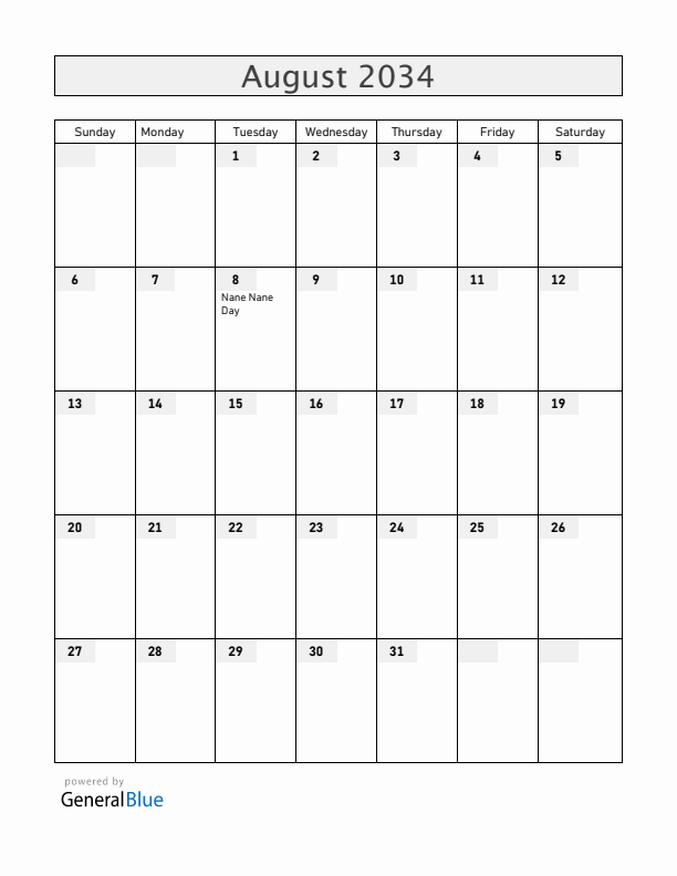Tanzania August 2034 Calendar with Holidays