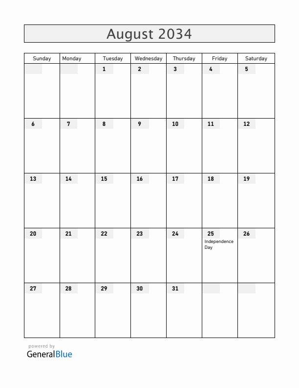Uruguay August 2034 Calendar with Holidays