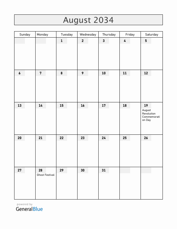 Vietnam August 2034 Calendar with Holidays