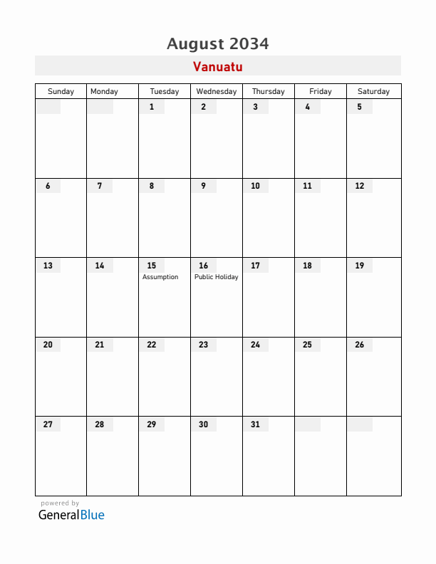Vanuatu August 2034 Calendar with Holidays