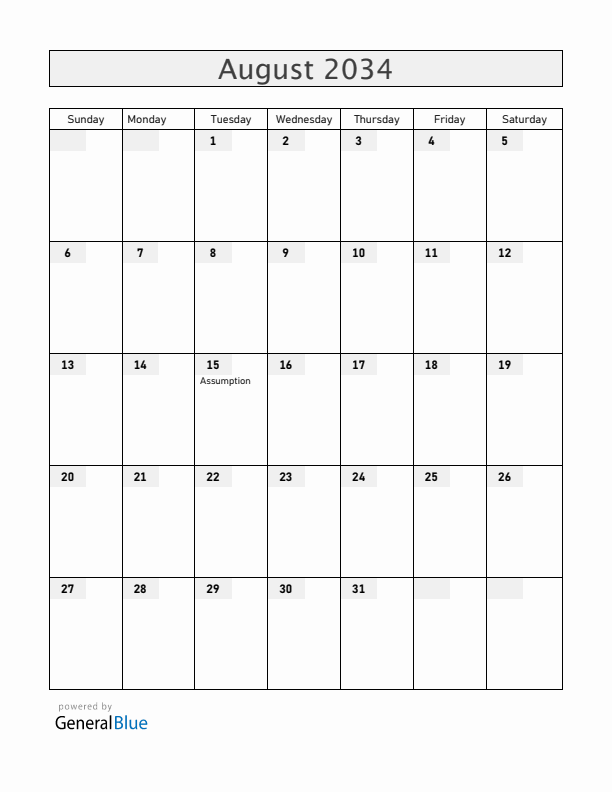 Mayotte August 2034 Calendar with Holidays