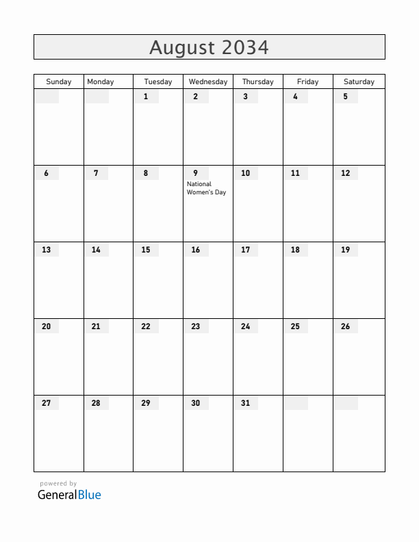 South Africa August 2034 Calendar with Holidays