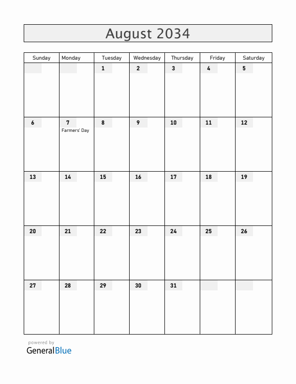 Zambia August 2034 Calendar with Holidays