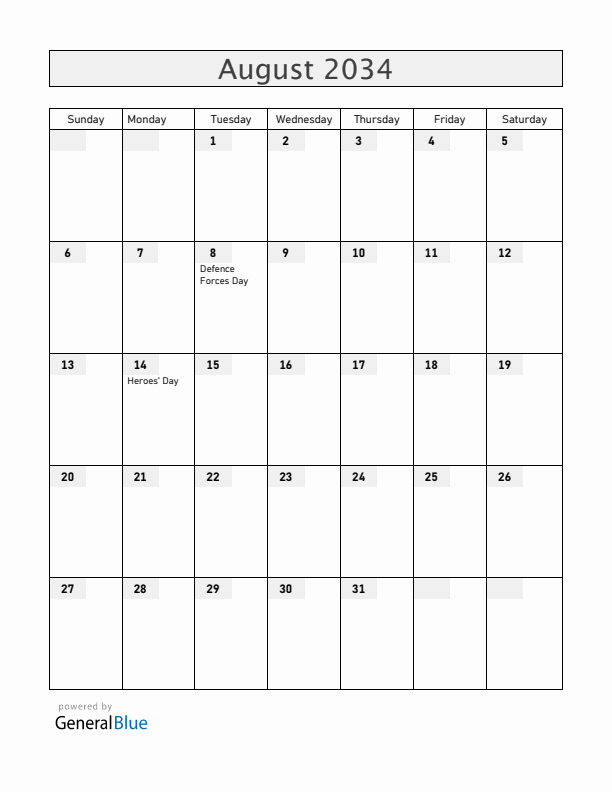 Zimbabwe August 2034 Calendar with Holidays