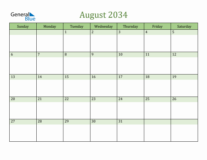 August 2034 Calendar with Sunday Start