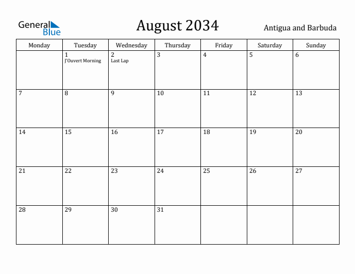 August 2034 Calendar Antigua and Barbuda