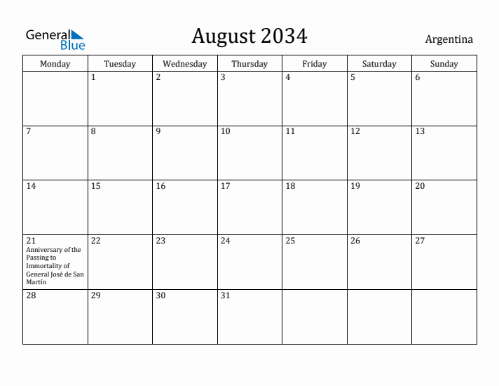 August 2034 Calendar Argentina