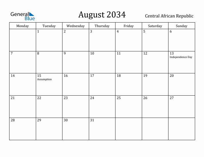 August 2034 Calendar Central African Republic