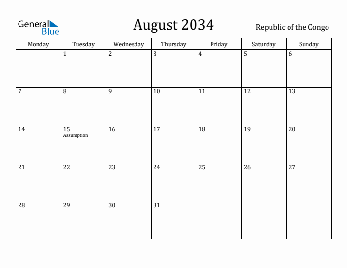 August 2034 Calendar Republic of the Congo