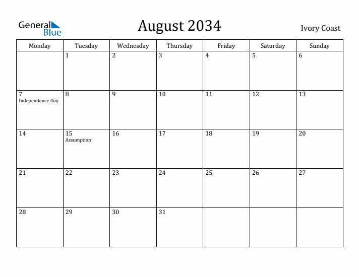 August 2034 Calendar Ivory Coast