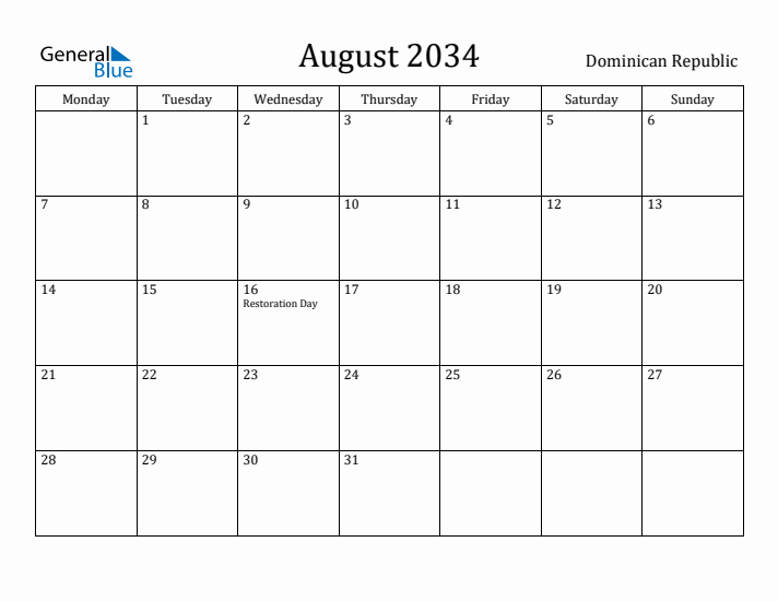 August 2034 Calendar Dominican Republic
