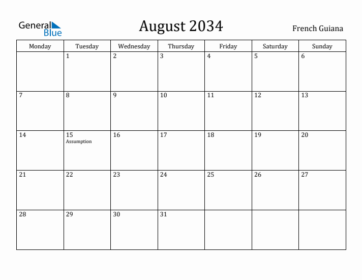 August 2034 Calendar French Guiana