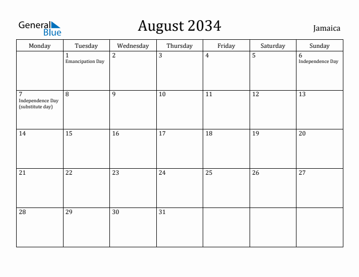 August 2034 Calendar Jamaica