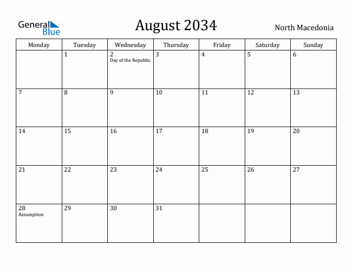 August 2034 Calendar North Macedonia