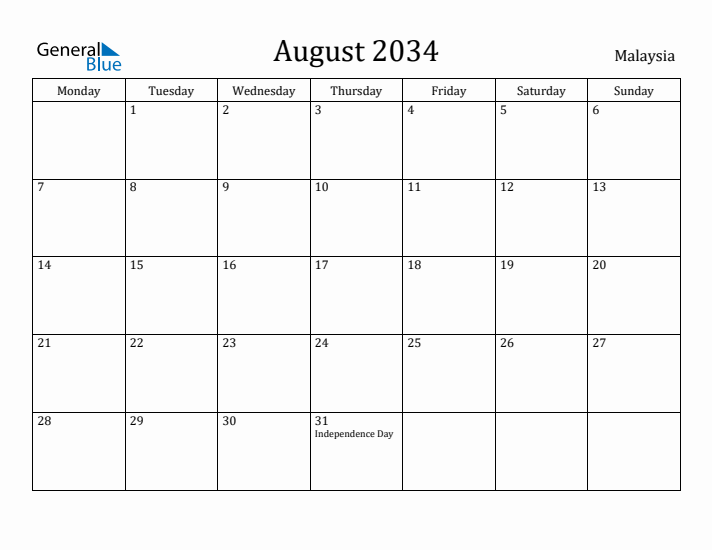 August 2034 Calendar Malaysia