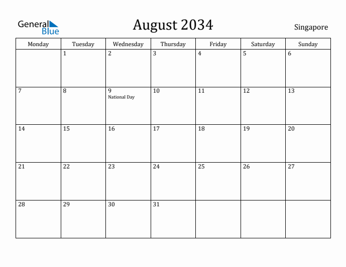 August 2034 Calendar Singapore