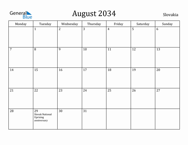 August 2034 Calendar Slovakia