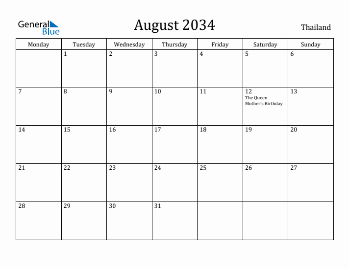 August 2034 Calendar Thailand