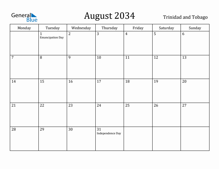 August 2034 Calendar Trinidad and Tobago