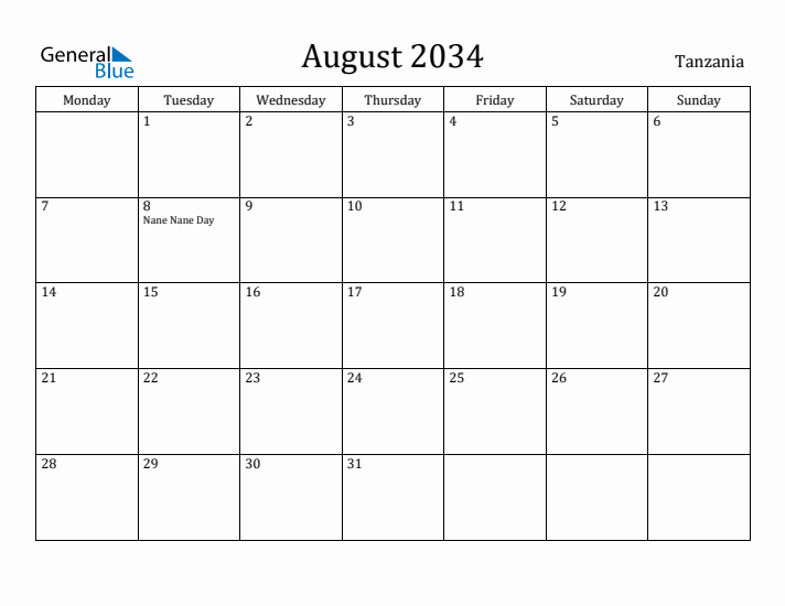 August 2034 Calendar Tanzania