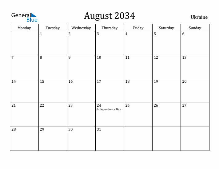 August 2034 Calendar Ukraine