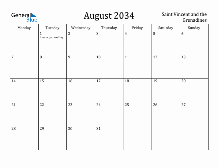 August 2034 Calendar Saint Vincent and the Grenadines