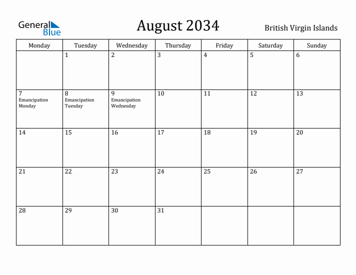 August 2034 Calendar British Virgin Islands
