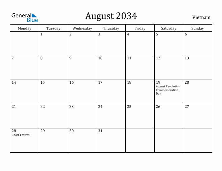 August 2034 Calendar Vietnam