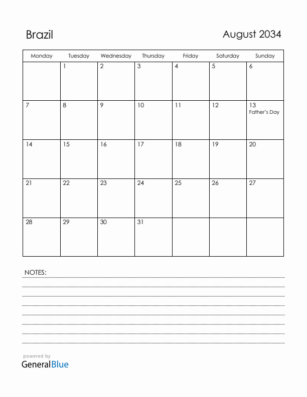 August 2034 Brazil Calendar with Holidays (Monday Start)