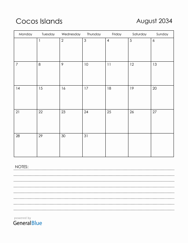 August 2034 Cocos Islands Calendar with Holidays (Monday Start)