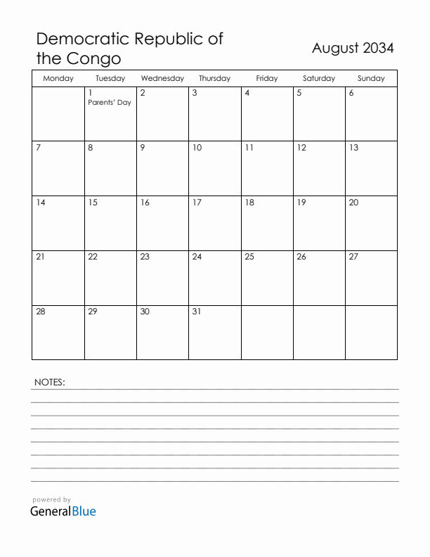 August 2034 Democratic Republic of the Congo Calendar with Holidays (Monday Start)