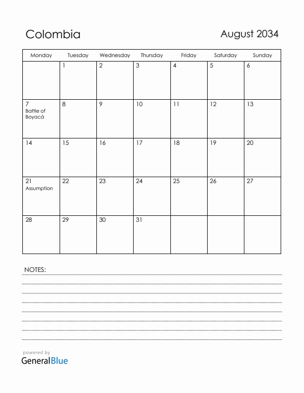 August 2034 Colombia Calendar with Holidays (Monday Start)